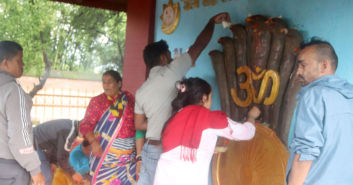 नागपोखरीमा नागको पूजा गर्दै भक्तजन