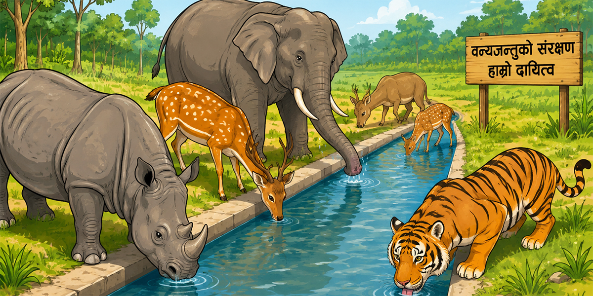 गर्मी बढेपछि निकुञ्जका वन्यजन्तुलाई नहरको पानी