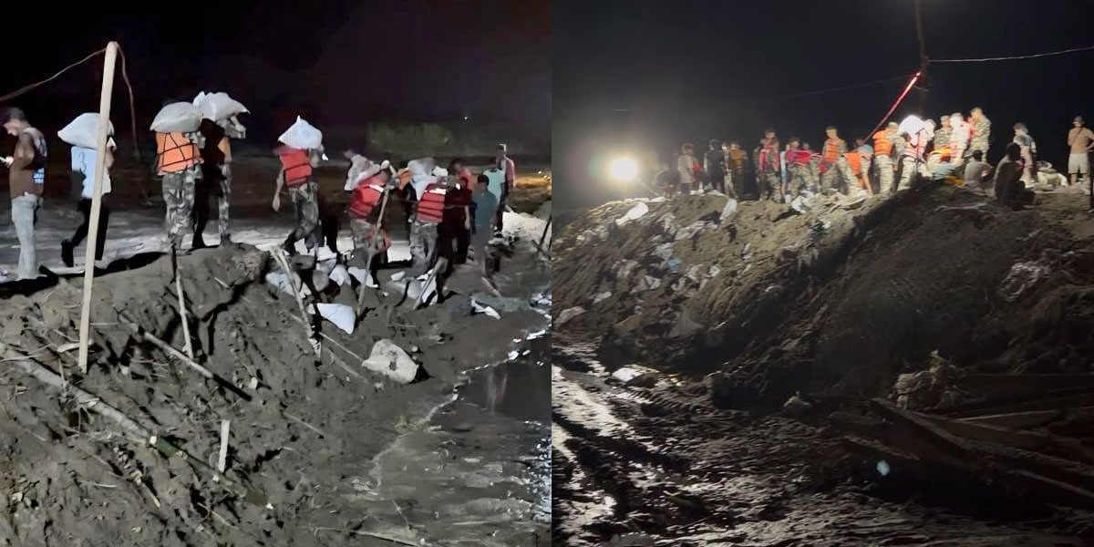 नारायणी नदीको कटान नियन्त्रण गर्न रातभर खटिएर सेनाद्वारा अस्थायी तटबन्ध निर्माण