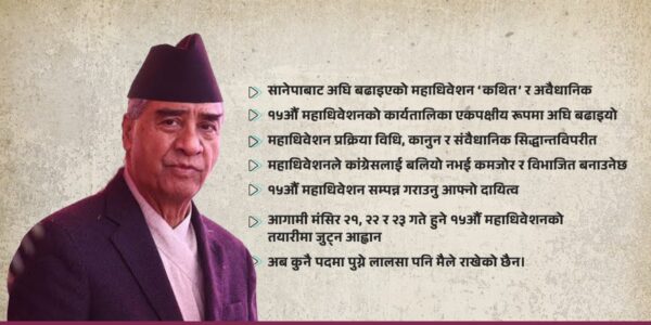 देउवाको अपिल : सानेपाबाट हुने महाधिवेशन अमान्य, मंसिरमै १५औँ महाधिवेशन हुन्छ